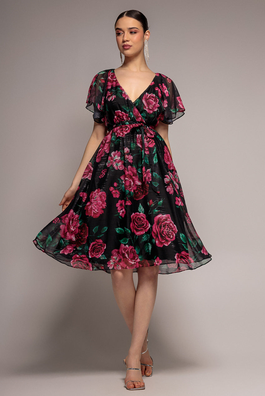 Printed Lurex A-Line Flutter Sleeve Midi Dress - Black DR4516