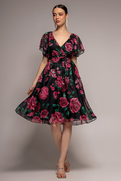 Black - Printed Lurex A-Line Flutter Sleeve Midi Dress - Black by Goddiva