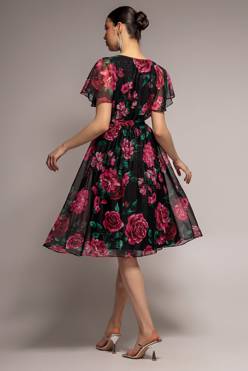 Printed Lurex A-Line Flutter Sleeve Midi Dress - Black DR4516