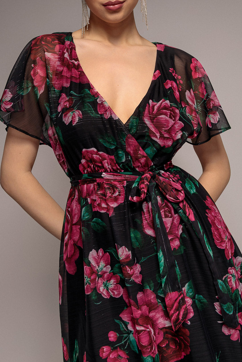 Printed Lurex A-Line Flutter Sleeve Midi Dress - Black DR4516