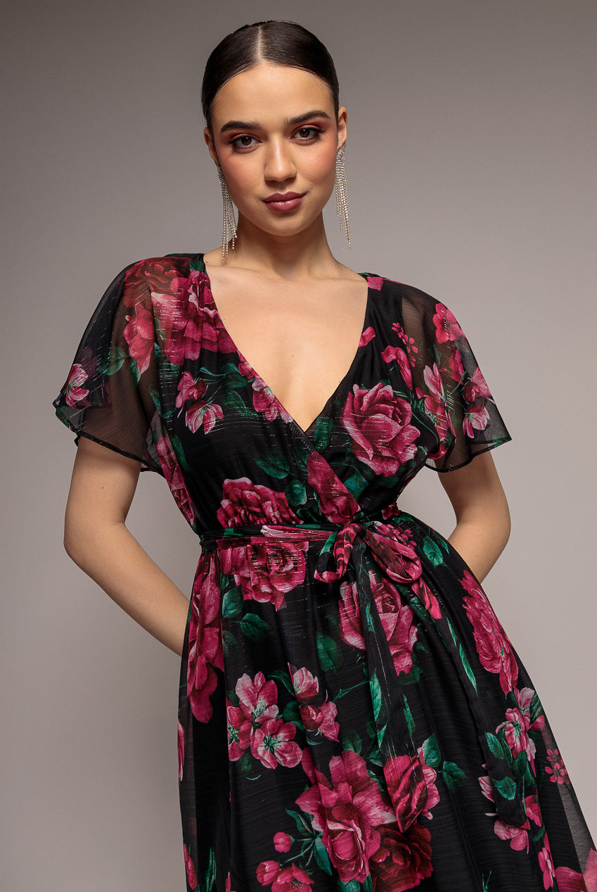 Printed Lurex A-Line Flutter Sleeve Midi Dress - Black DR4516