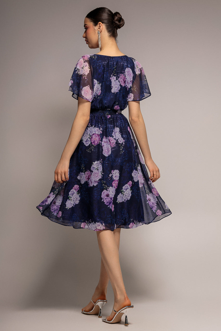 Printed Lurex A-Line Flutter Sleeve Midi Dress - Navy DR4516