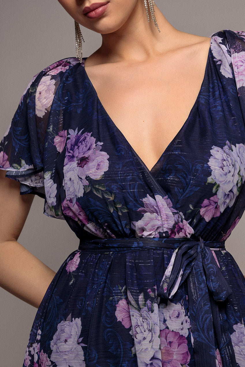 Printed Lurex A-Line Flutter Sleeve Midi Dress - Navy DR4516