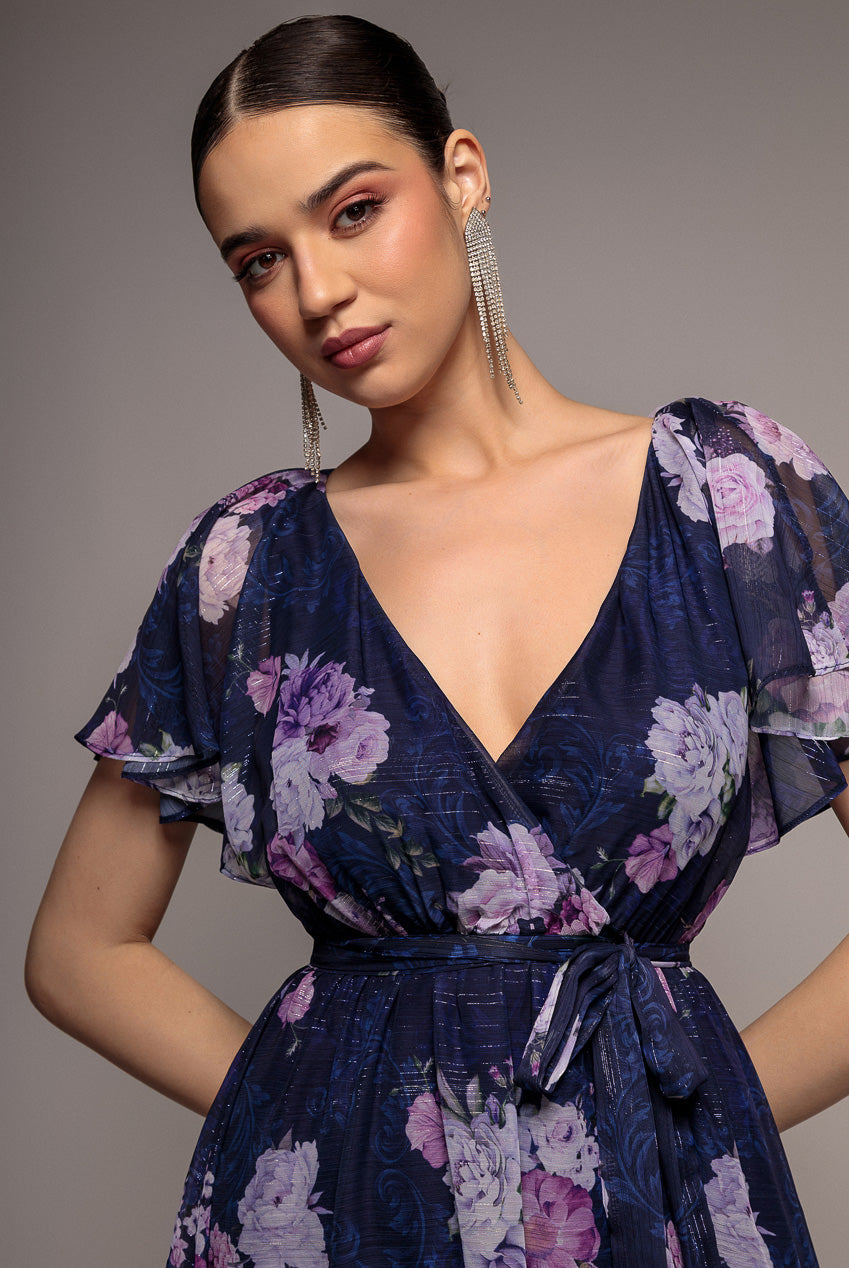 Printed Lurex A-Line Flutter Sleeve Midi Dress - Navy DR4516