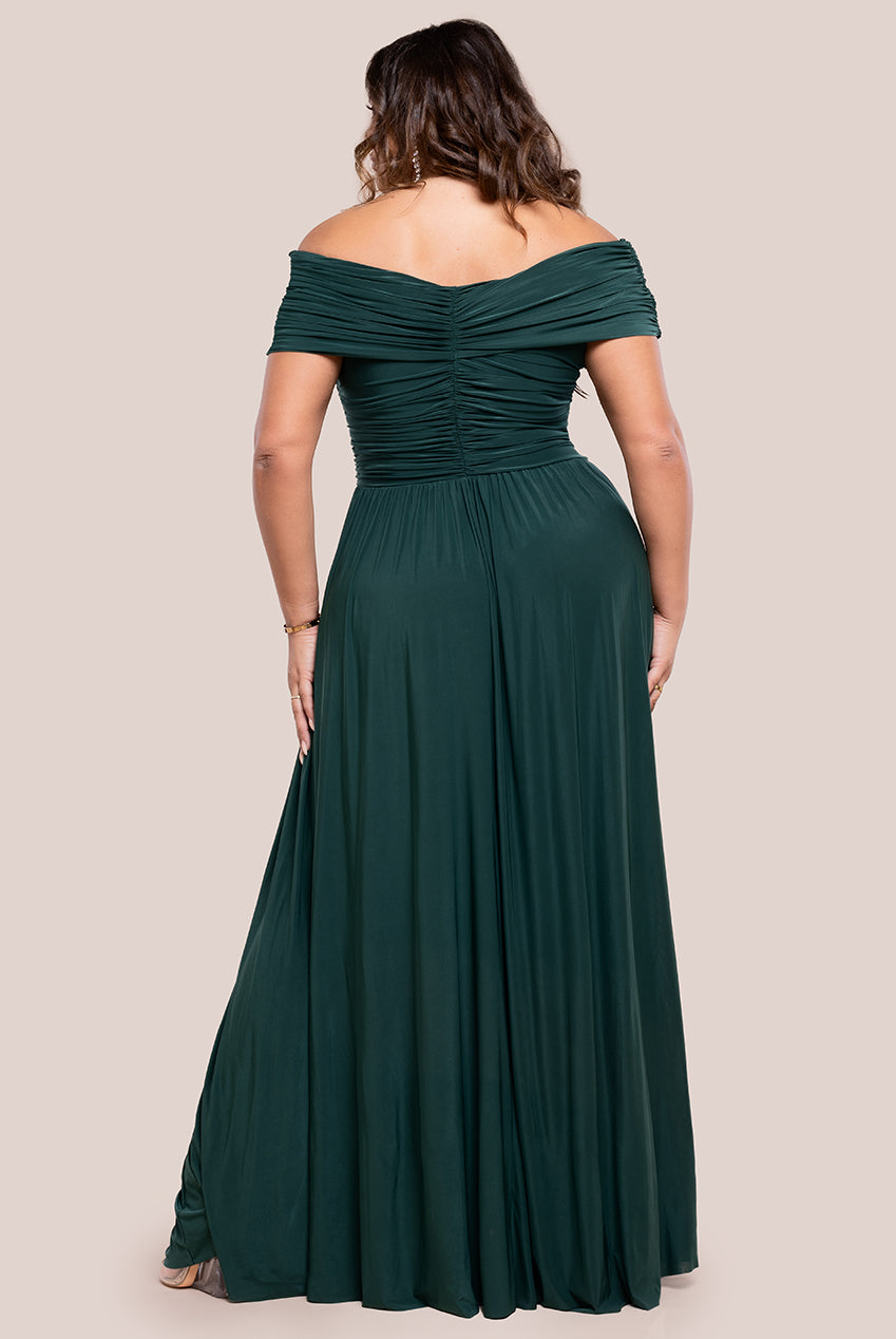 Gathered Bardot Bodice Front Split Maxi Dress - Botanical Green DR4524PLUS