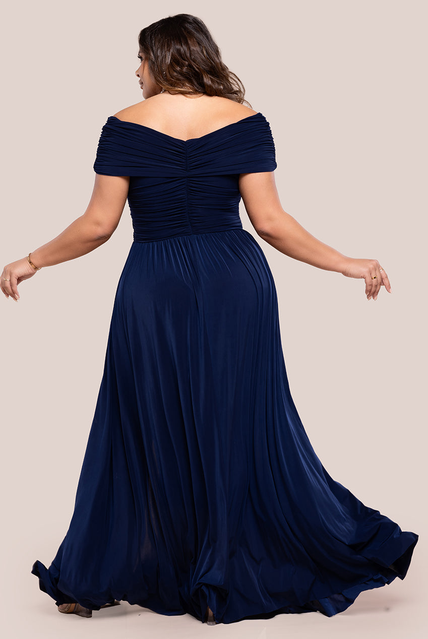 Gathered Bardot Bodice Front Split Maxi Dress - Navy DR4524PLUS