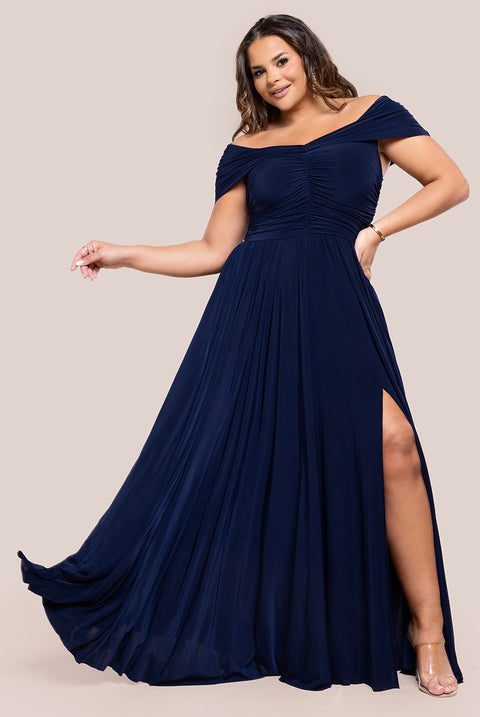 Gathered Bardot Bodice Front Split Maxi Dress - Navy Blue by Goddiva Plus