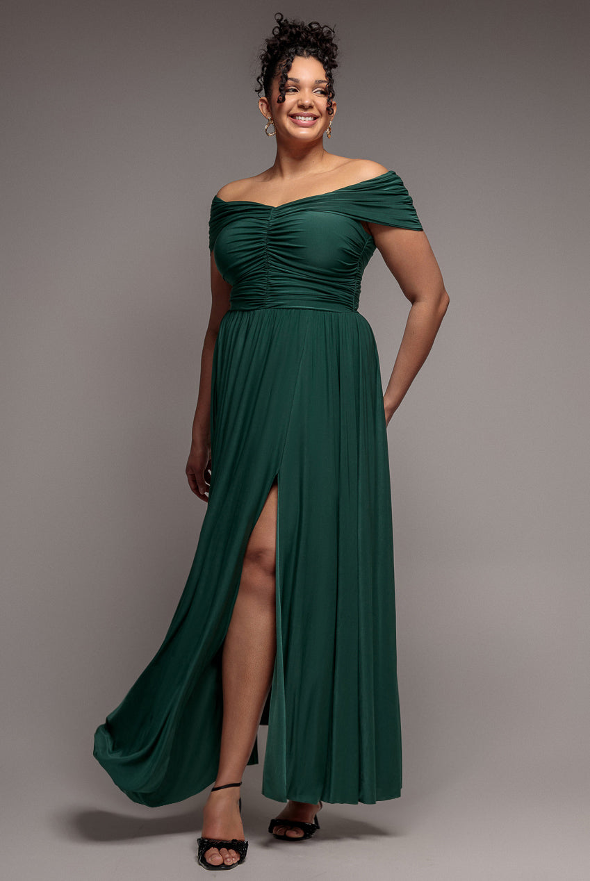 Gathered Bardot Bodice Front Split Maxi Dress - Emerald Green DR4524PLUS