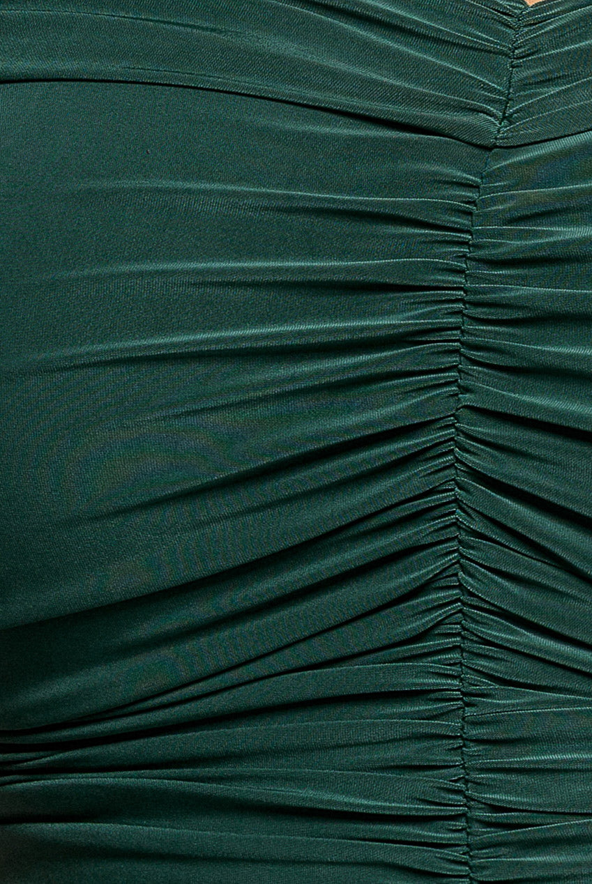 Gathered Bardot Bodice Front Split Maxi Dress - Emerald Green DR4524PLUS