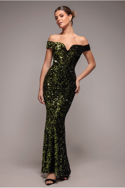 Olive - Sequin Velvet Bardot Evening Maxi Dress - Olive Green by Goddiva