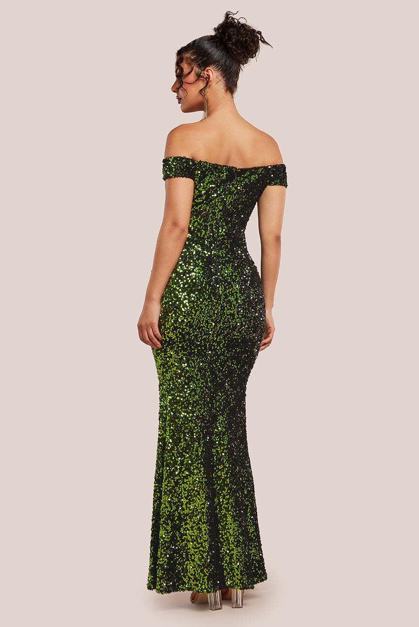 Sequin Velvet Bardot Evening Maxi Dress - Olive DR4525