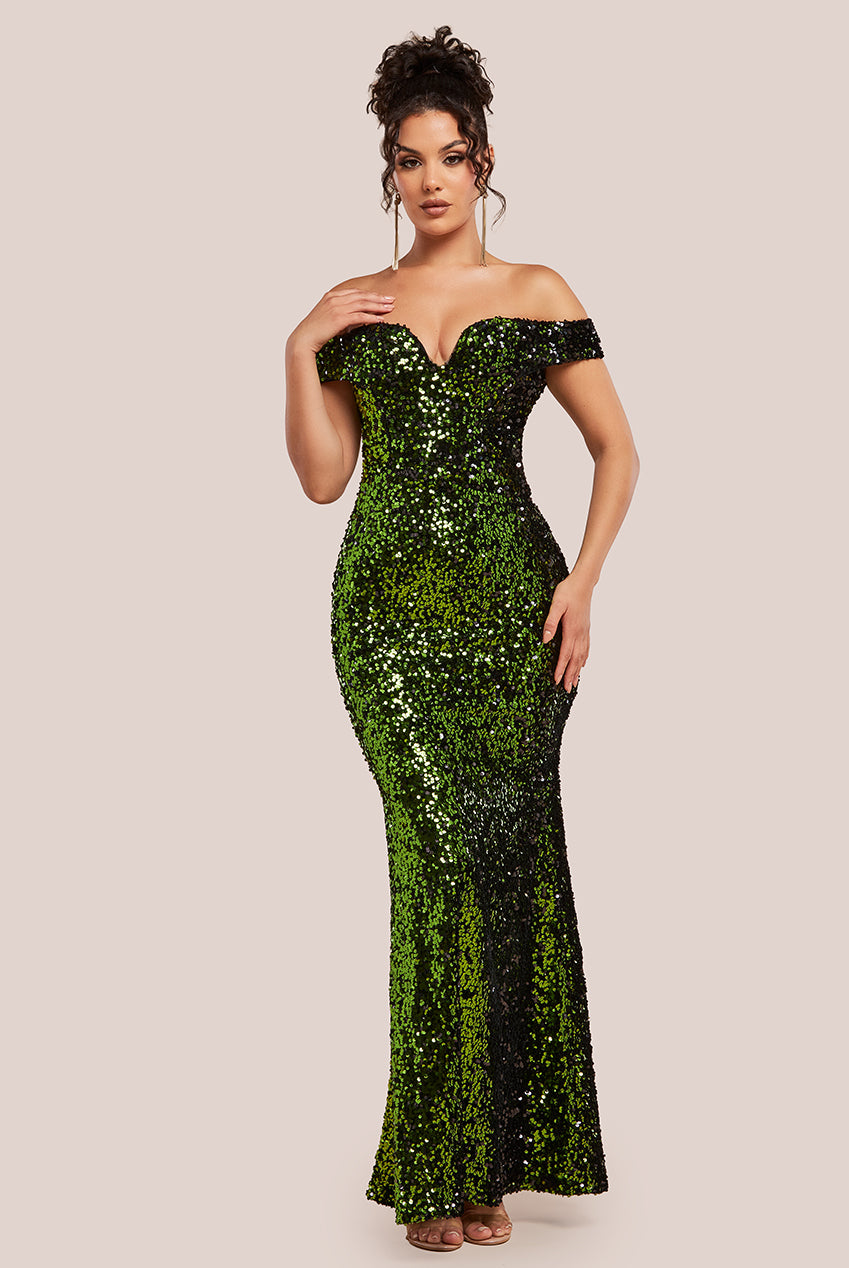 Sequin Velvet Bardot Evening Maxi Dress - Olive DR4525