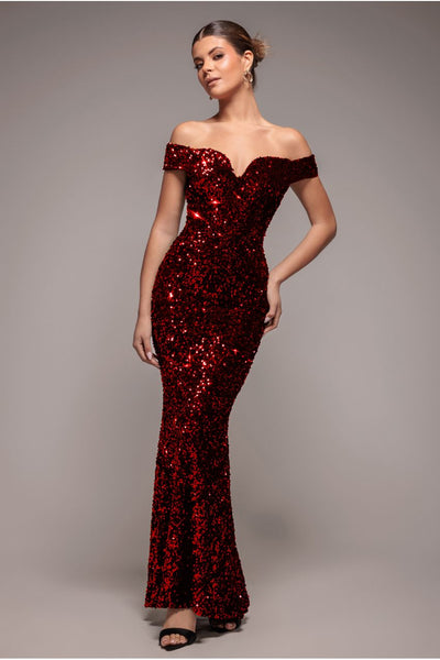 Red - Sequin Velvet Bardot Evening Maxi Dress - Red by Goddiva