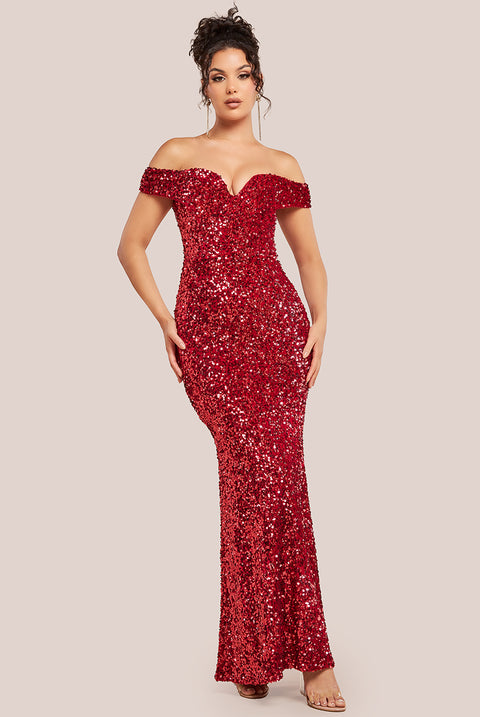 Sequin Velvet Bardot Evening Maxi Dress - Red by Goddiva