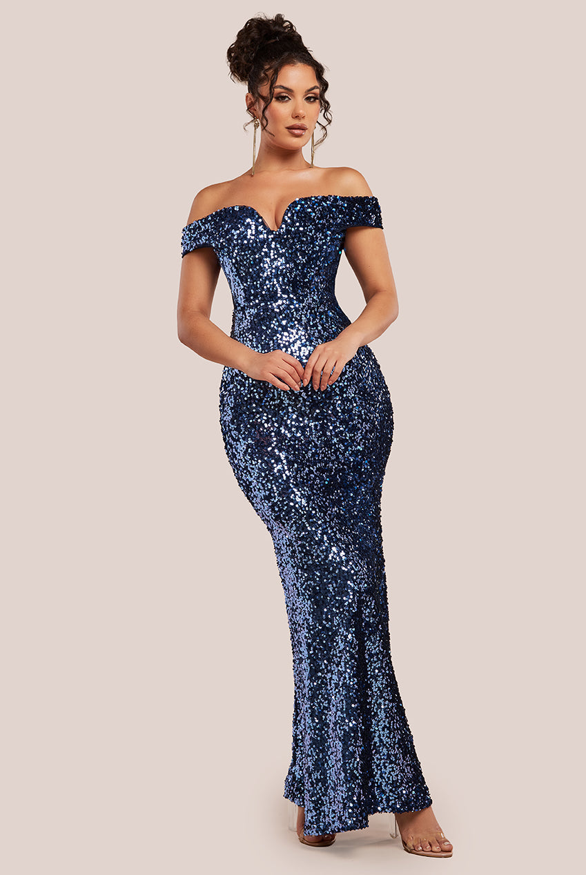 Sequin Velvet Bardot Evening Maxi Dress - Midnight Blue DR4525