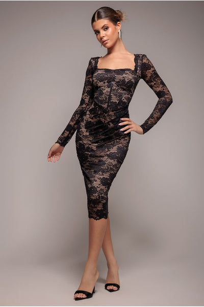 Black - Scalloped Lace Corset Bodice Midi Dress - Black by Goddiva