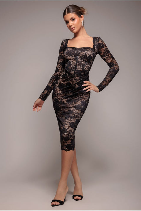 Scalloped Lace Corset Bodice Midi Dress - Black by Goddiva
