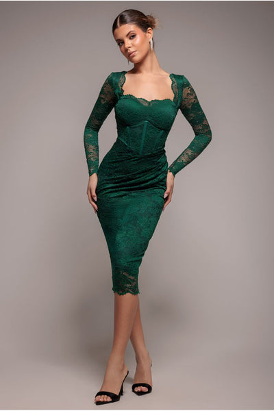 Scalloped Lace Corset Bodice Midi Dress - Emerald Green