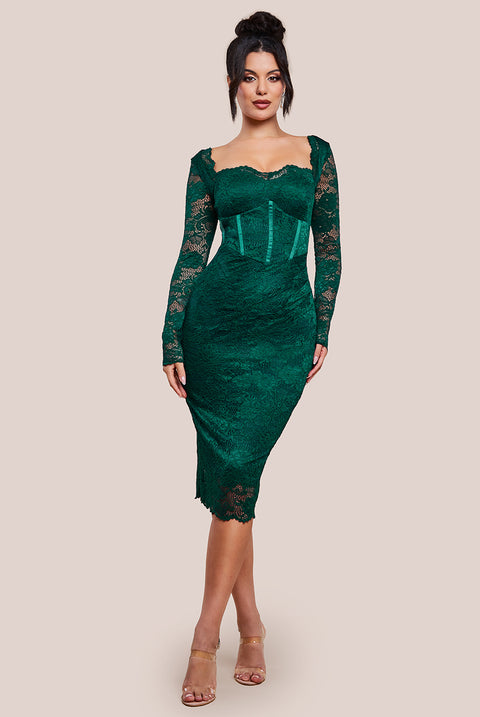 Scalloped Lace Corset Bodice Midi Dress - Emerald Green DR4526