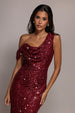 Sequin Cowl One Shoulder Midi Dress - Wine by Goddiva