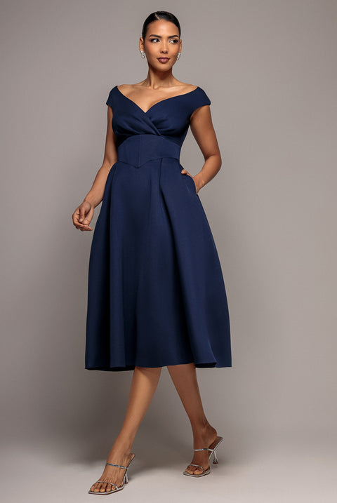 Corset Fit & Flare Midi Dress - Navy by Goddiva