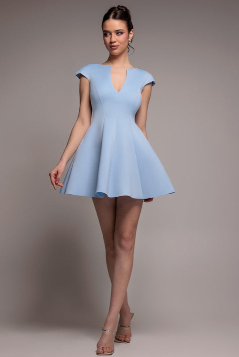 Cap Sleeve Plunging V-Neckline Skater Mini Dress - Light Blue by Goddiva