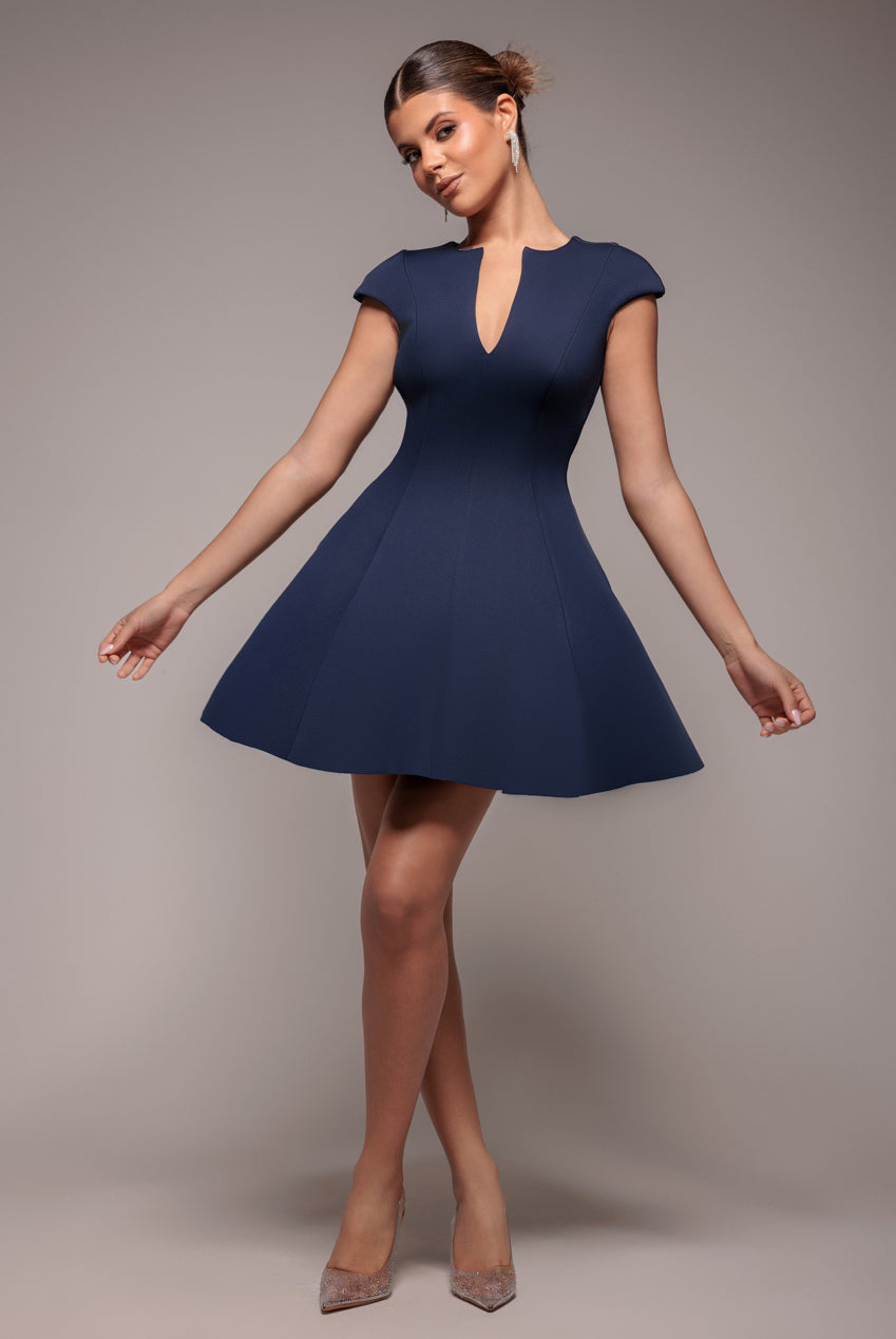 Cap Sleeve Plunging V-Neckline Skater Mini Dress - Navy Blue DR4539