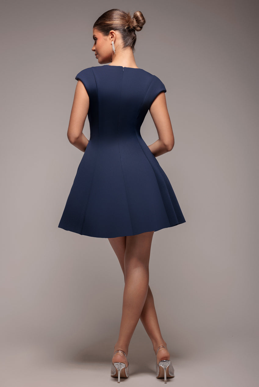 Cap Sleeve Plunging V-Neckline Skater Mini Dress - Navy Blue DR4539