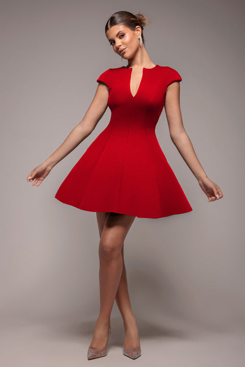 Cap Sleeve Plunging V-Neckline Skater Mini Dress - Red by Goddiva