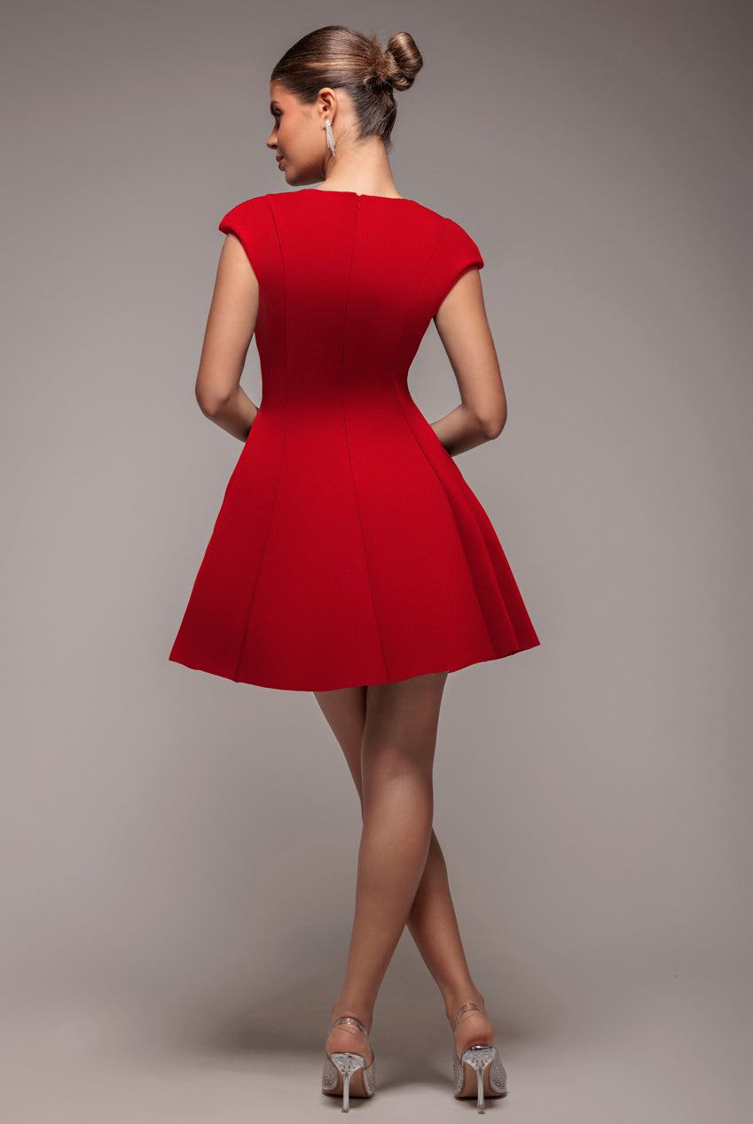 Cap Sleeve Plunging V-Neckline Skater Mini Dress - Red DR4539