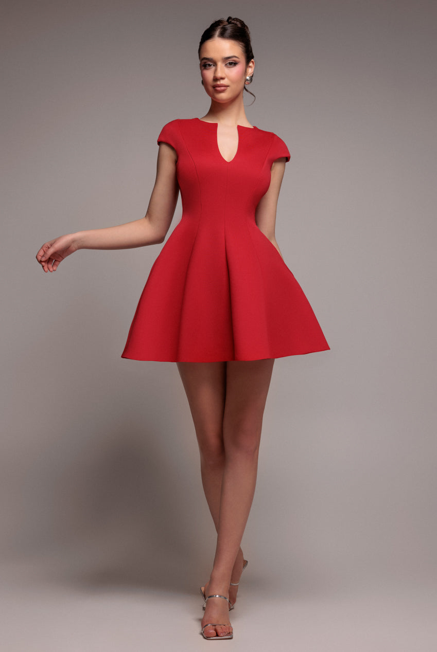 Cap Sleeve Plunging V-Neckline Skater Mini Dress - Red DR4539