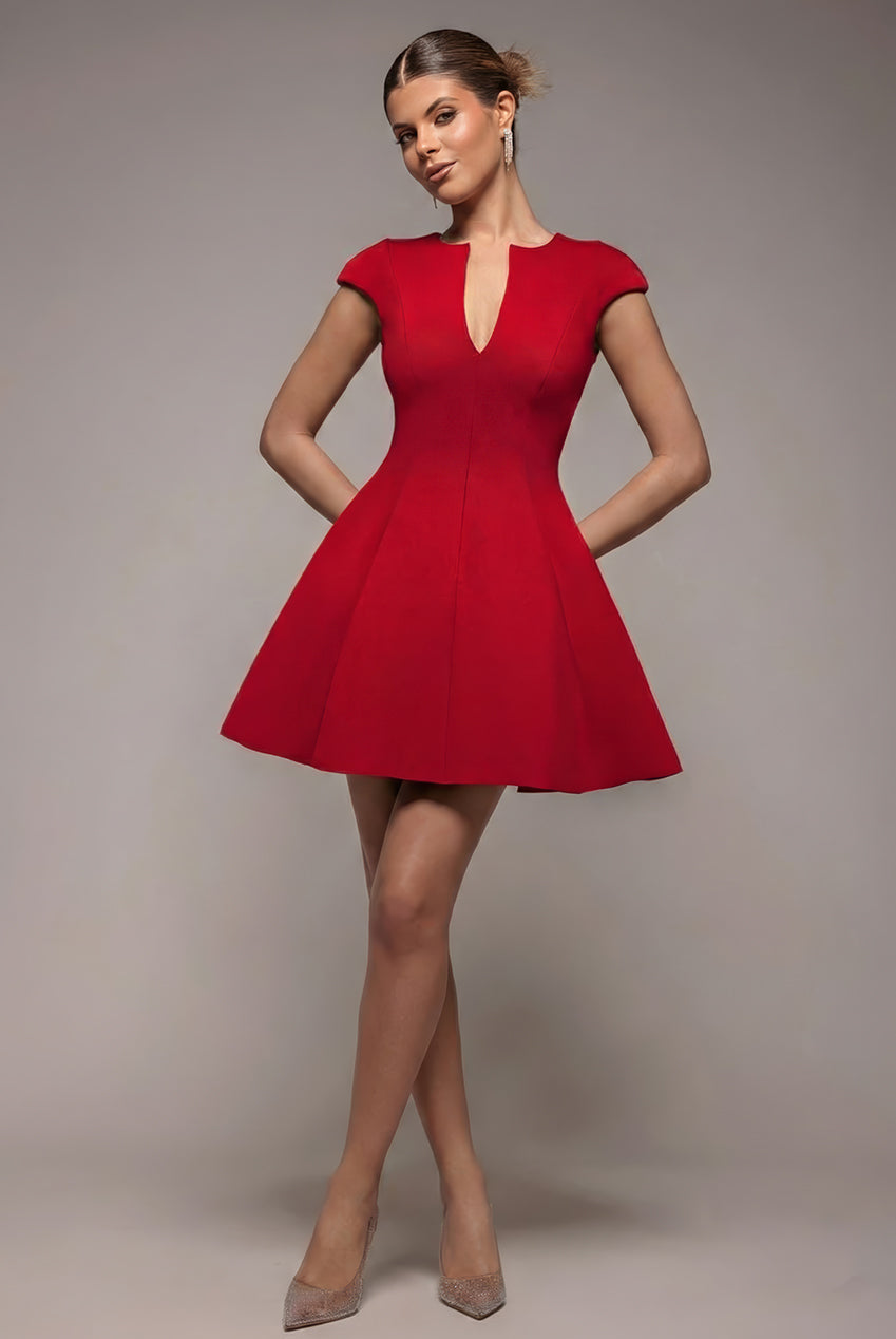 Cap Sleeve Plunging V-Neckline Skater Mini Dress - Red DR4539