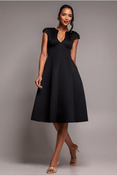 Cap Sleeve Plunging V-Neckline A-line Midi Dress - Black by Goddiva