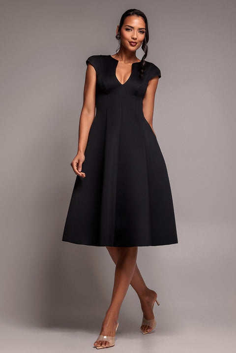 Cap Sleeve Plunging V-Neckline A-line Midi Dress - Black by Goddiva