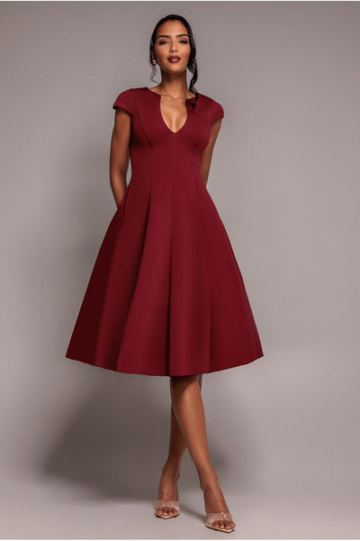 Wine - Cap Sleeve Plunging V-Neckline A-line Midi Dress - Wine by Goddiva
