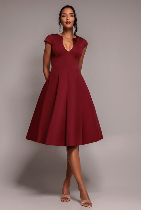 Cap Sleeve Plunging V-Neckline A-line Midi Dress - Wine by Goddiva