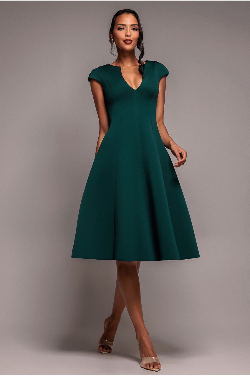 Cap Sleeve Plunging V Neckline A Line Midi Dress - Emerald Green DR4540