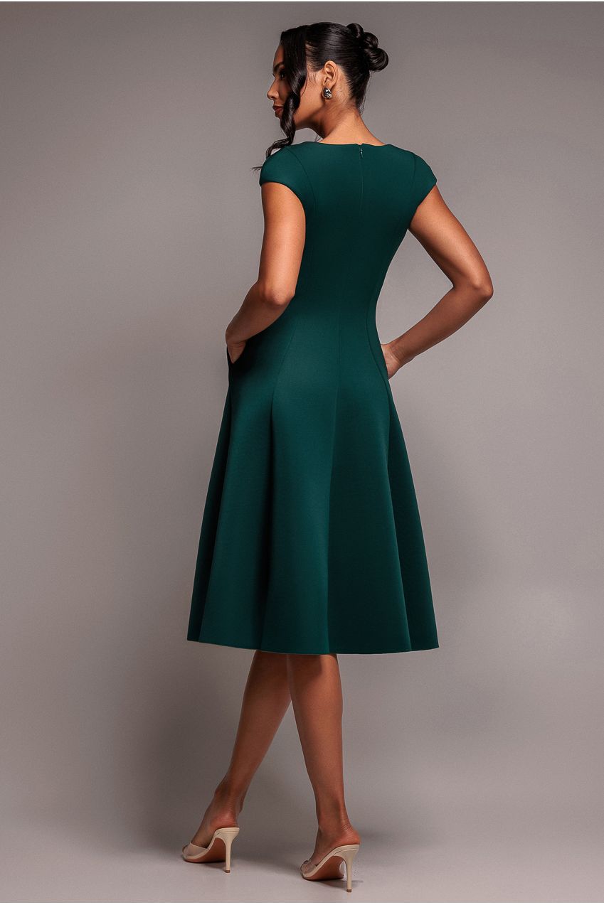 Cap Sleeve Plunging V Neckline A Line Midi Dress - Emerald Green DR4540