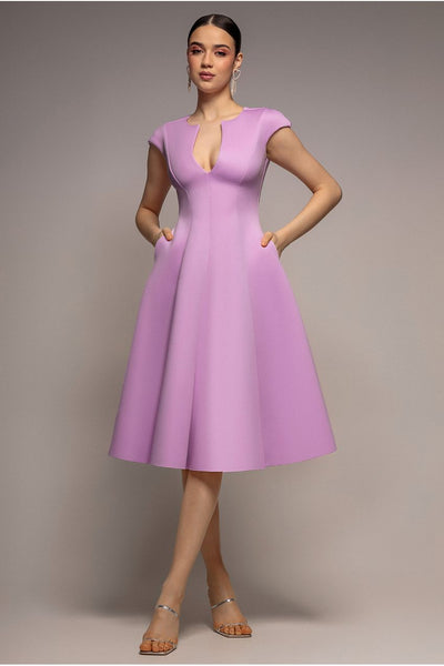 Cap Sleeve Plunging V-Neckline A-line Midi Dress - Lilac | Goddiva