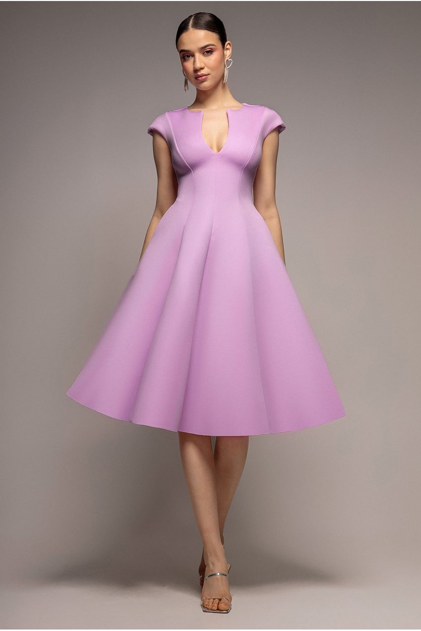 Cap Sleeve Plunging V-Neckline A-line Midi Dress - Lilac DR4540