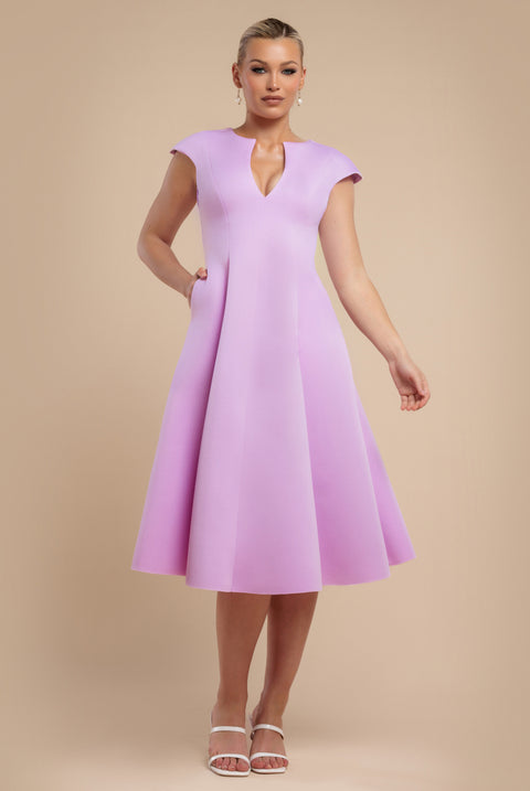 Goddiva Cap Sleeve Plunging V-Neckline A-line Midi Dress - Lilac