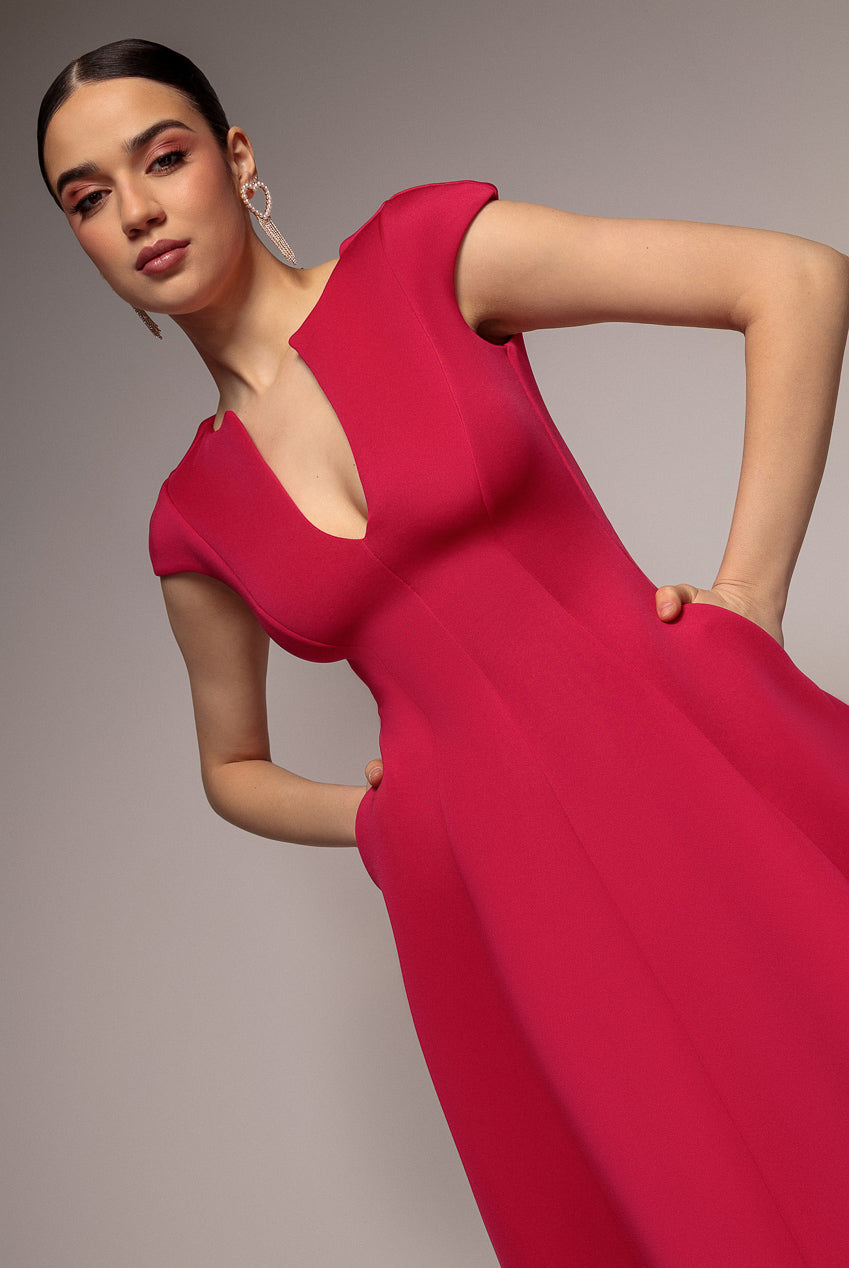 Cap Sleeve Plunging V-Neckline A-line Midi Dress - Magenta DR4540