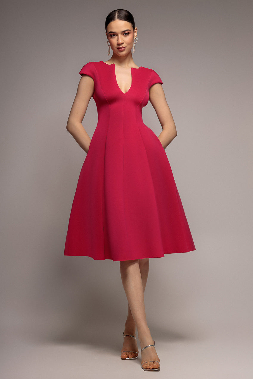 Cap Sleeve Plunging V-Neckline A-line Midi Dress - Magenta DR4540