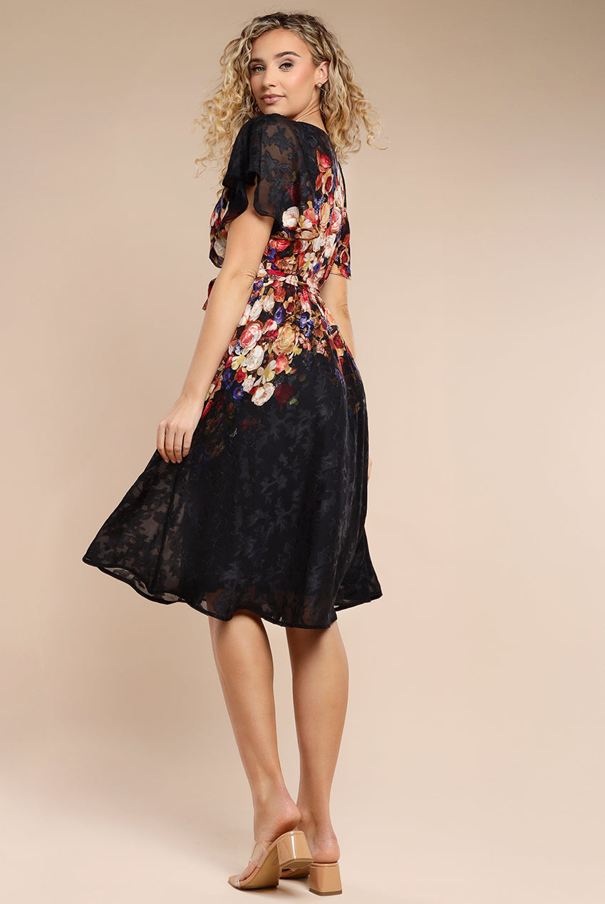 Floral Flutter Sleeve Wrap Midi Dress - Black DR4548