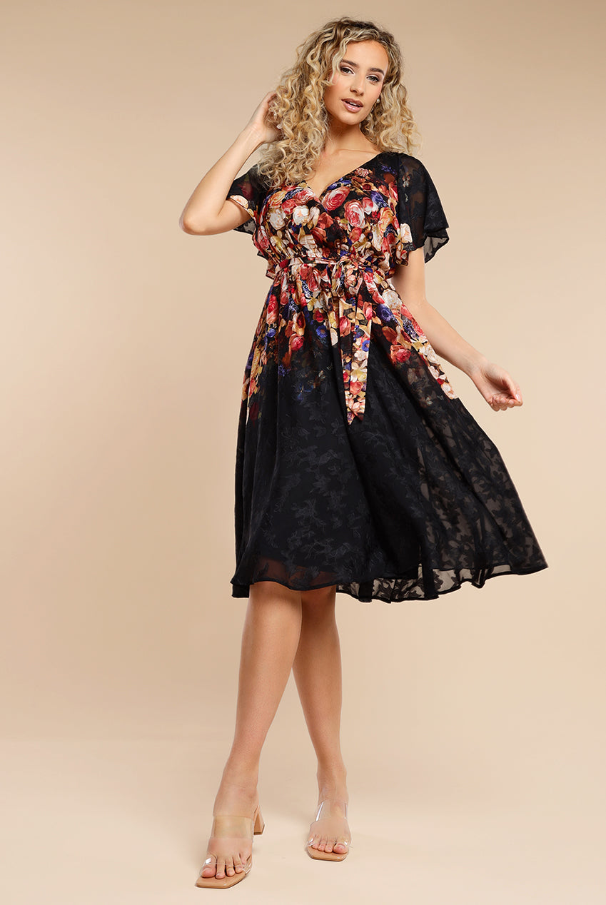 Floral Flutter Sleeve Wrap Midi Dress - Black DR4548