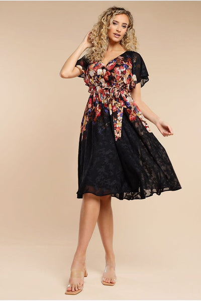 Black - Floral Flutter Sleeve Wrap Midi Dress - Black by Goddiva