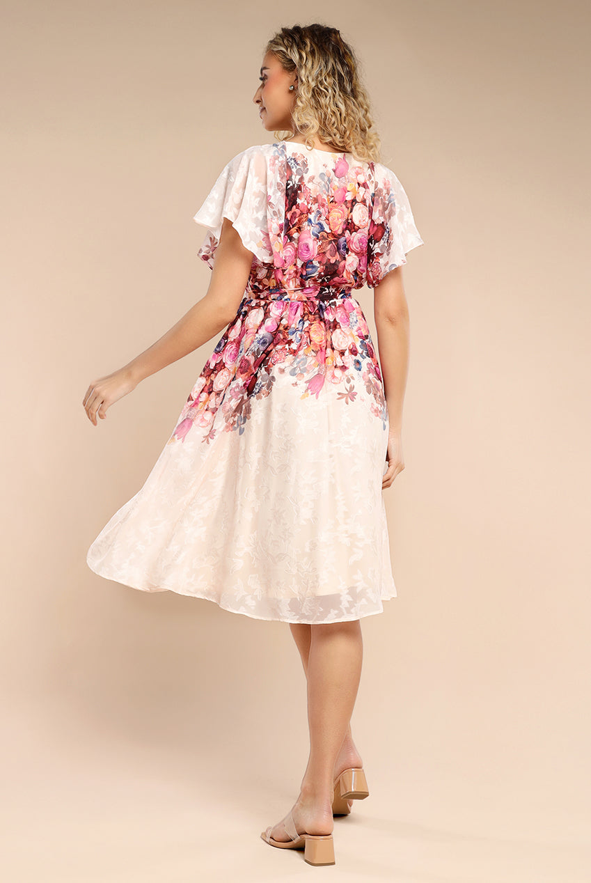 Floral Flutter Sleeve Wrap Midi Dress - Ivory DR4548