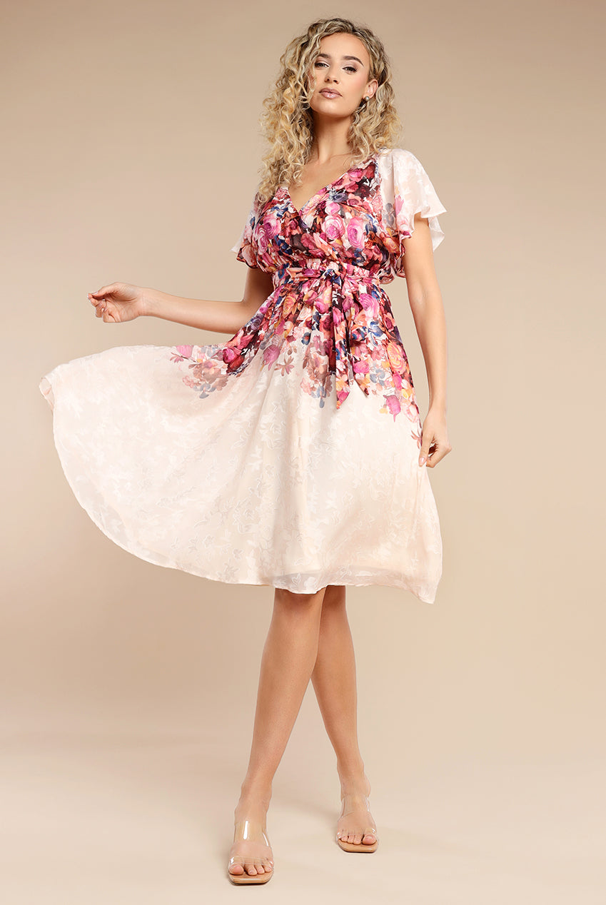 Floral Flutter Sleeve Wrap Midi Dress - Ivory DR4548