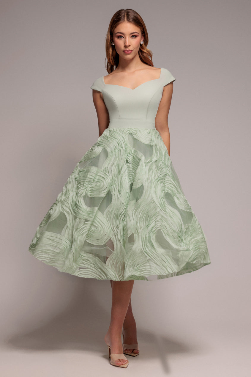 Scuba & Textured Chiffon A Line Midi Dress - Sage Green DR4549