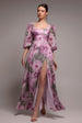 Puff Sleeve A-Line Printed Chiffon Maxi Dress With Split - Blush Pink by Goddiva